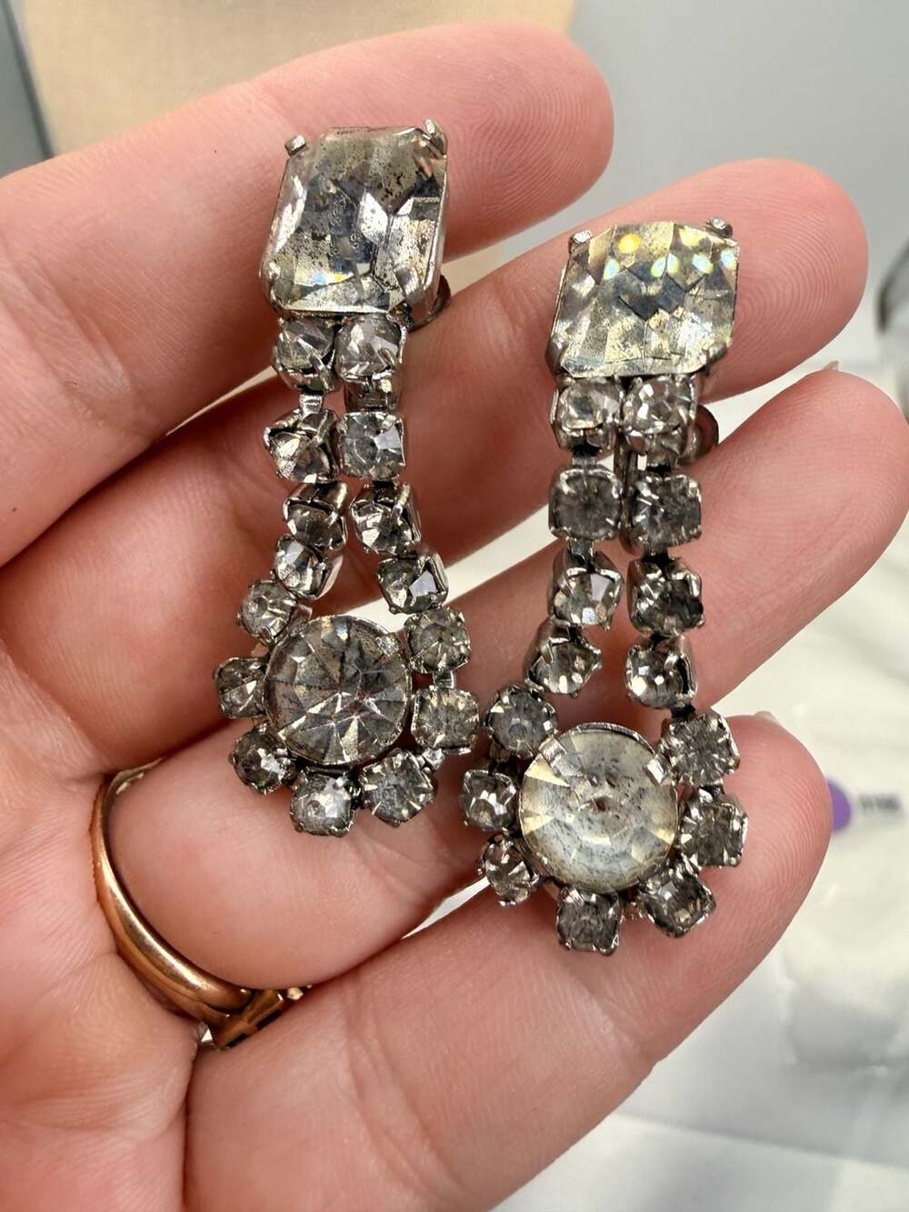 Czechoslovakian Rhinestone Screw Back Dangle Earrings